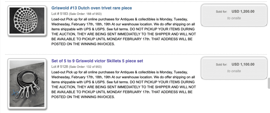 Griswold number 13 Dutch oven trivet sold for $1,200; Set of 5 Fully-Marked Victor (made by Griswold) cast iron skillets - numbers 5, 6, 7, 8, 9 sold for $1,100.